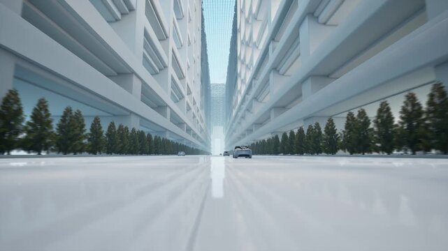 Futuristic Concept Car Driving Through Neon Cyberpunk City Street At Night