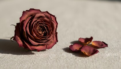 Obraz premium Single dried rose and petals lying on linen fabric after the Rose Festival, capturing a melancholy nostalgia concept and the fragile beauty of nature in harsh side lighting