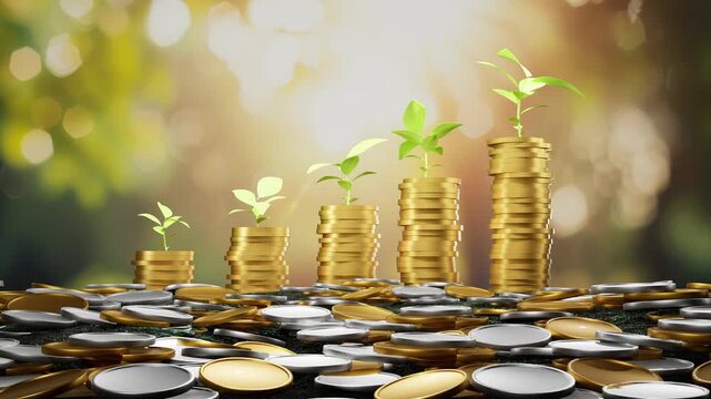 Stacked Gold Coins With Growing Green Sprouts Representing Financial Growth And Sustainable Investment