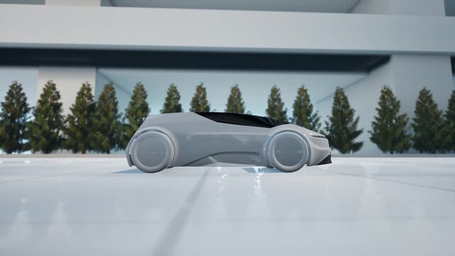 Futuristic Concept Car Driving Through Neon Cyberpunk City Street At Night