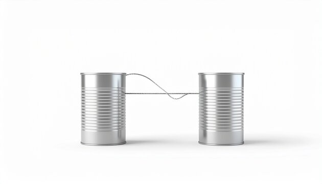 A tin can phone with string connected on white background shows communication concept
