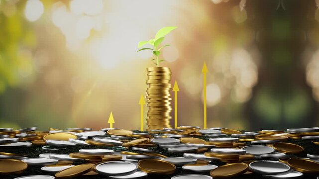 Growth Of Financial Investment And Wealth Management Concept With Stacked Gold Coins And Green Sprout