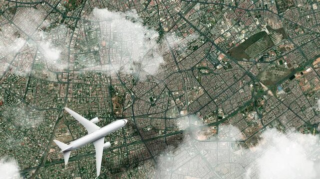 Airplane Flying over Hassan II Mosque, Casablanca, Morocco and Clouds. Aerial Airplane Scenes. Jet Flying Over Iconic Mosque and Coastal City Skyline. Aerial City Animation &ndash; Vox Style Map 4K