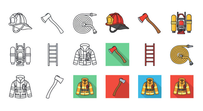 Firefighter Equipment Icons: Axe, Helmet, Hose, Jacket, Ladder, Backpack