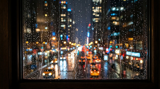 Raindrops on window glass reveal blurred city lights during dark night evening.