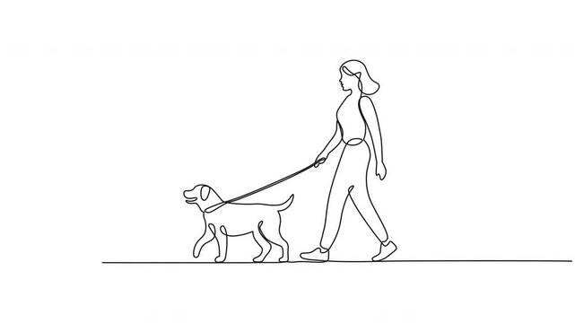 Continuous One-Line Drawing Animation - Woman Walking Dog Vector Design