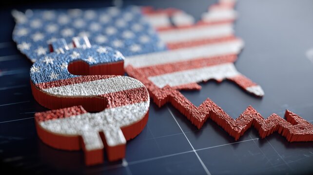 US Economy Declining Symbolizing Financial Crisis and Investment Risk with American Flag Map Background