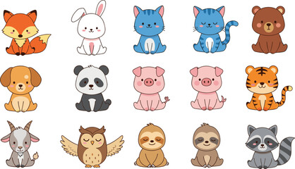 Obraz premium Cute Cartoon Animal Set with Fox, Rabbit, Cat, Bear, Dog, Panda, Pig, Tiger, Owl, Sloth, and Raccoon Characters for Kids' Designs, Toys, and Nursery Decor