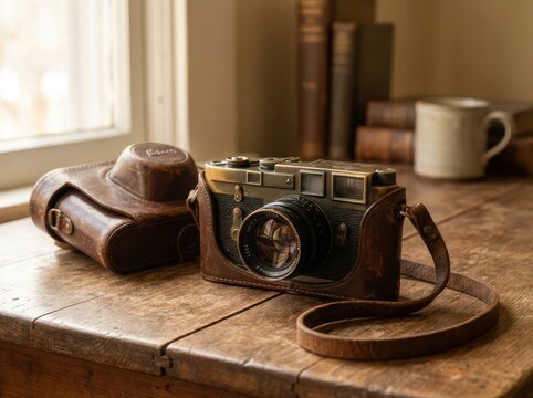 Vintage leica camera in a leather case on a rustic wooden table