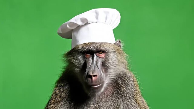 A baboon wearing a white chef's hat looking directly at the camera against a vibrant green background.