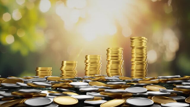 Stacked Gold Coins Forming Increasing Bar Graph On Pile Of Silver Currency For Financial Success Concept