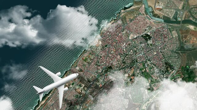 Airplane Flying over Hassan Tower, Rabat, Morocco and Clouds. Aerial Airplane Scenes. Jet Flying Over Historic Monument and City Skyline. Aerial City Animation &ndash; Vox Style Map Animation in 4K
