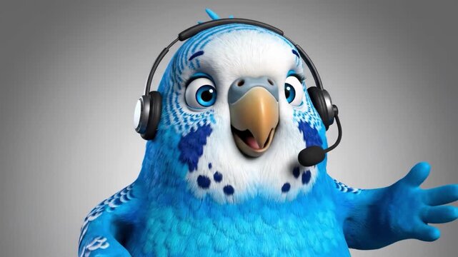 A cheerful blue parakeet cartoon character wearing a headset, conveying a sense of friendly customer support.