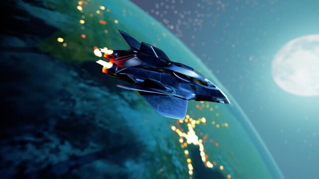 Advanced Stealth Fighter Jet Flying In Orbit Above Earth At Night With Afterburner On