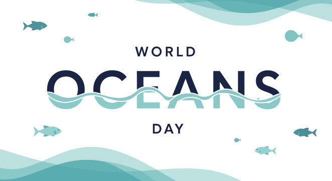 Minimalist World Oceans Day design with abstract blue ocean waves and fish silhouettes on a clean white background.