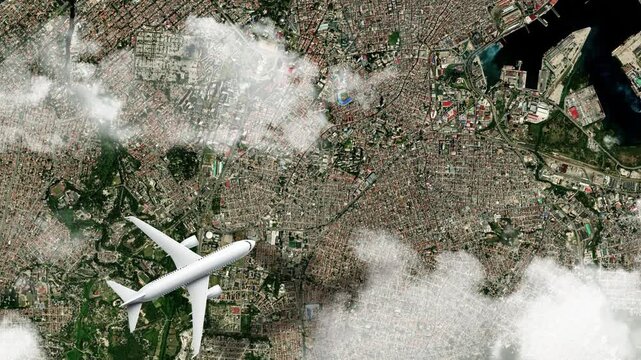 Airplane Flying over Malec&oacute;n, Havana, Cuba and Clouds. Aerial Airplane Scenes. Jet Flying Over Coastal Boulevard and City Skyline. Aerial City Animation &ndash; Vox Style Map Animation in 4K