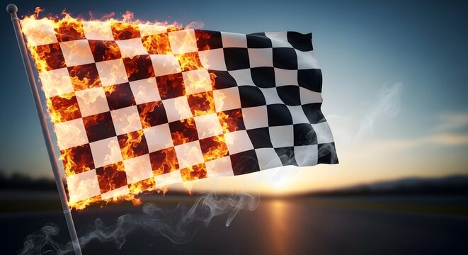 Checkered flag on fire, symbolizing victory and the intensity of a race in dramatic fashion