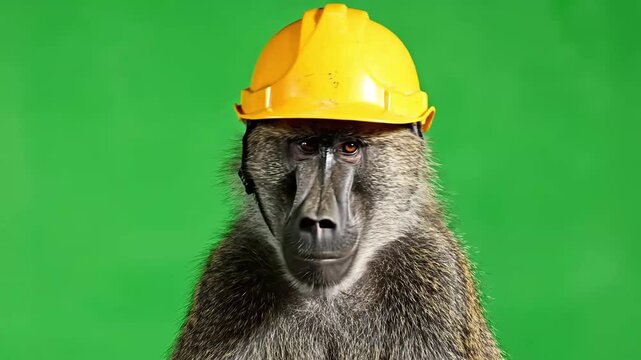 A baboon wearing a yellow hard hat looking directly at the camera against a green screen background.