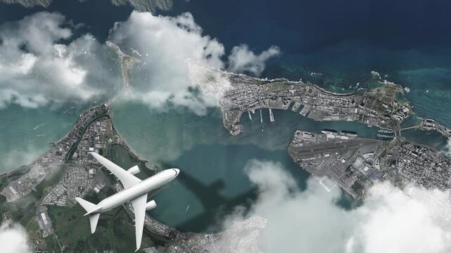 Airplane Flying over Castillo San Felipe del Morro, San Juan, Puerto Rico and Clouds. Aerial Airplane Scenes. Jet Flying Over Historic Fortress and Coastal City Skyline. Aerial City Animation &ndash; 4K