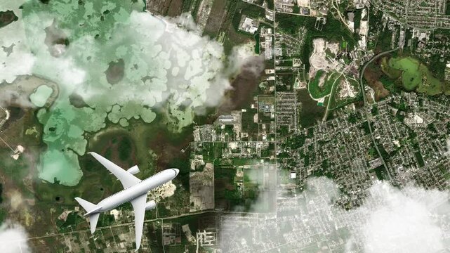 Airplane Flying over Atlantis Paradise Island, Nassau, Bahamas and Clouds. Aerial Airplane Scenes. Jet Flying Over Luxury Resort and Coastal City Skyline. Aerial City Animation &ndash; Vox Style Map 4K