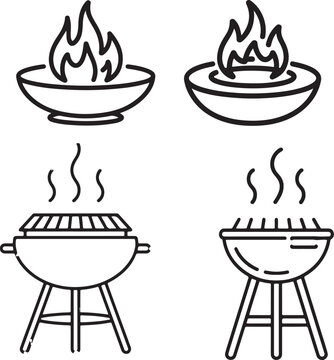 grill and fire icons cooking; summer; backyard; party; outdoor;