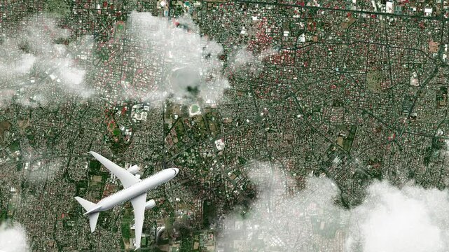 Airplane Flying over Old Cathedral of Managua, Managua, Nicaragua and Clouds. Aerial Airplane Scenes. Jet Flying Over Historic Cathedral Ruins and City Skyline. Aerial City Animation&ndash; Vox Style Map 4K
