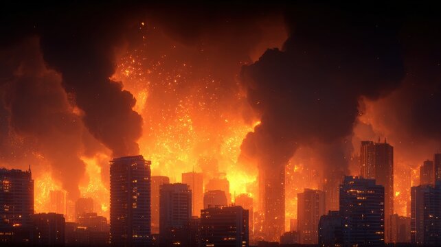 Dramatic cityscape engulfed in intense fire and thick smoke, apocalyptic urban disaster scene