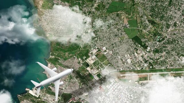 Airplane Flying over National Pantheon Museum, Port-au-Prince, Haiti and Clouds. Aerial Airplane Scenes. Jet Flying Over Historic Museum and City Skyline. Aerial City Animation &ndash; Vox Style Map 4K