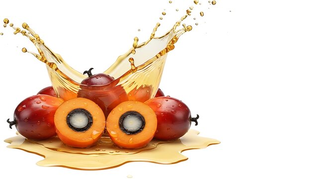 Fresh oil palm fruit seeds with golden oil splash on white background