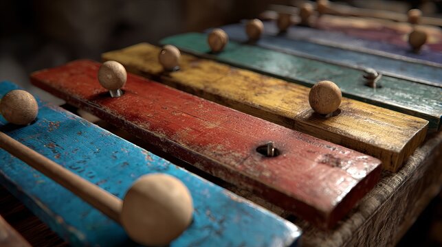 A dynamic close-up highlights weathered wooden bars of a colorful xylophone with interesting spherical elements.