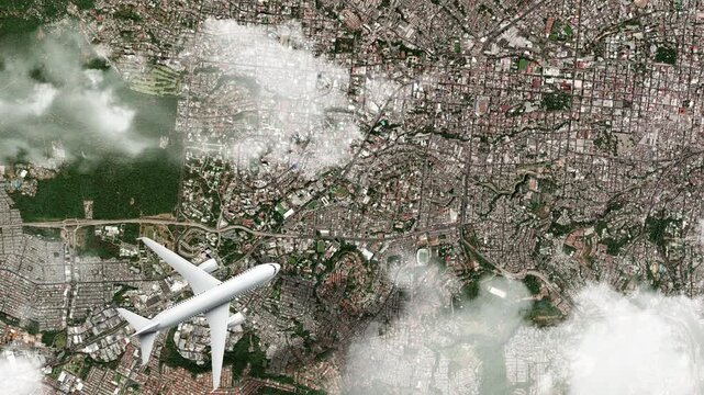 Airplane Flying over Metropolitan Cathedral, San Salvador, El Salvador and Clouds. Aerial Airplane Scenes. Jet Flying Over Historic Cathedral and City Skyline. Aerial City Animation &ndash; Vox Style Map 4K