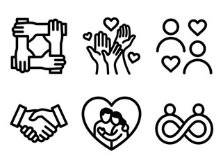 Obraz premium Relationship and Community Support Line Icon Set: Handshake, Teamwork, Love, Partnership, and Charity Symbols for Non-Profit and Social Connection Projects.