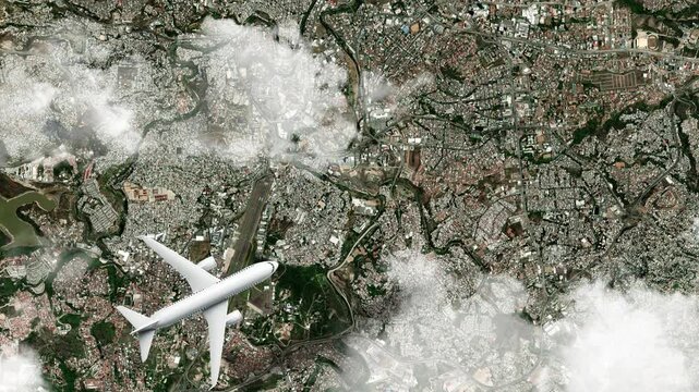 Airplane Flying over Our Lady of Suyapa Basilica, Tegucigalpa, Honduras and Clouds. Aerial Airplane Scenes. Jet Flying Over Historic Basilica and City Skyline. Aerial City Animation &ndash; Vox Style Map An