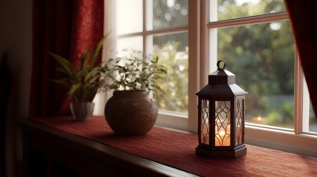 A decorative lantern and potted plants illuminated by natural sunlight on a window sill creating a cozy indoor ambiance