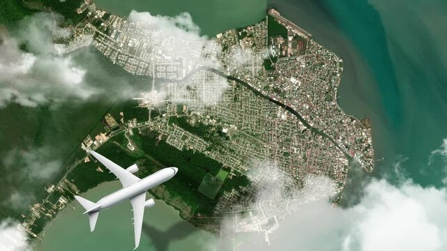 Airplane Flying over Swing Bridge, Belize City, Belize and Clouds. Aerial Airplane Scenes. Jet Flying Over Iconic Bridge and Coastal City Skyline. Aerial City Animation &ndash; Vox Style Map Animation in 4K