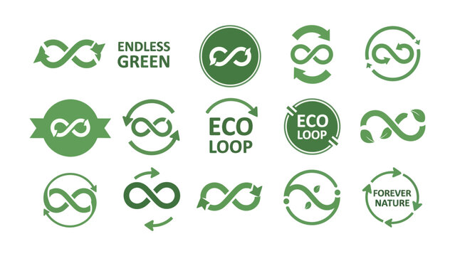 Eco Loop Icons: A set of eco-friendly green infinity loop icons symbolizing sustainability, recycling, and the concept of an endless green cycle.
