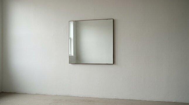 Minimalist square mirror mounted on a clean empty white wall reflecting a subtle window light and soft shadows creating a serene contemplative atmosphere in a modern uncluttered interior space