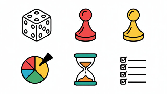 Flat icons set of chess pieces and timer