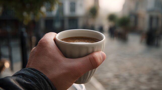 A hand holding a steaming cup of coffee against a blurred urban backdrop during a peaceful morning outing