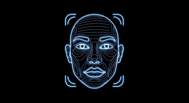 Cybernetic facial recognition system with neon glowing head scan on black background