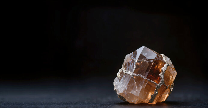 Raw amber crystal with kintsugi gold veins on black background