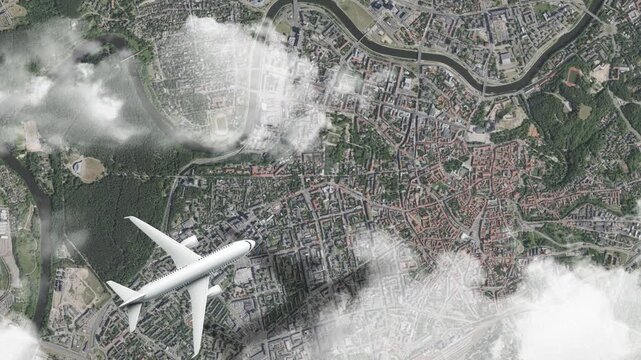 Airplane Flying over Gediminas Tower, Vilnius, Lithuania and Clouds. Aerial Airplane Scenes. Jet Flying Over Historic Tower and City Skyline. Aerial City Animation &ndash; Vox Style Map Animation in 4K