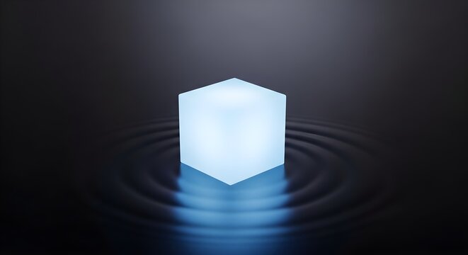 Glowing blue digital cube with ripple effect on dark background