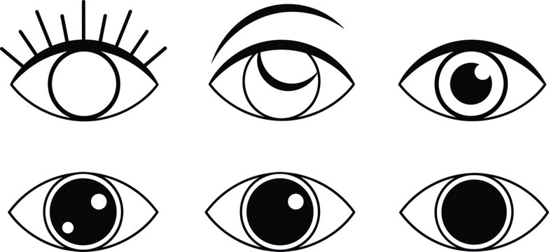 Vector icon set of various human eye shapes and expressions including long lashes and pupils isolated on white background