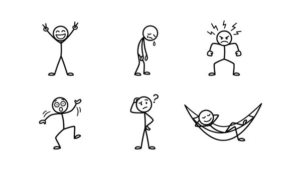 Minimalist stick figure character set depicting various human emotions and moods including happy sad angry surprised confused and relaxed in hammock