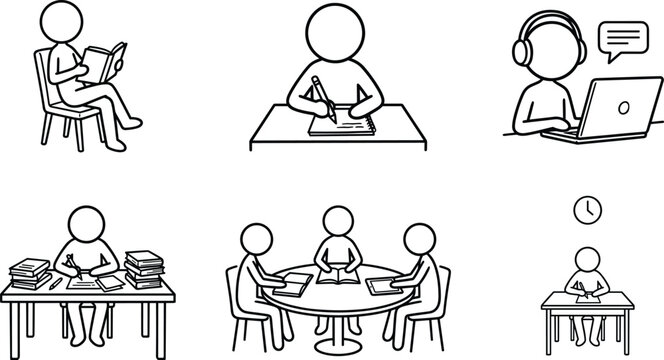 Minimalistic stick figure illustrations showcasing various study methods including reading, writing, online learning, group collaboration, research, and time management for education.