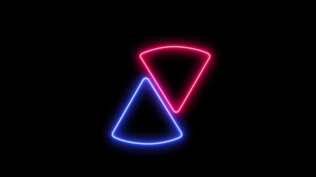 Interlocking neon triangles creating an abstract hourglass figure with glowing blue and red outlines on black triangle outline shape background light triangle outline shape background light