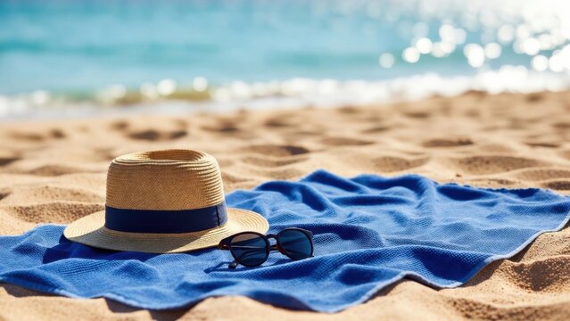 Straw hat and sunglasses resting on beach towel sandy shoreline