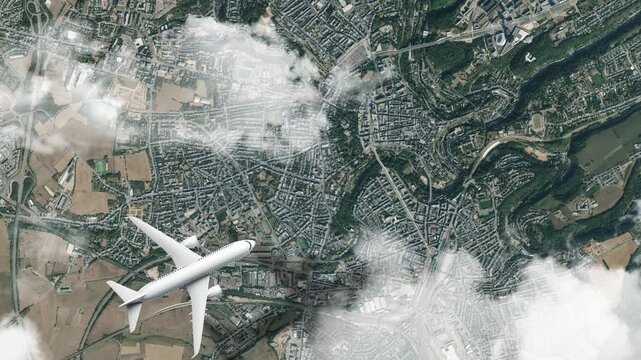 Airplane Flying over Adolphe Bridge, Luxembourg City, Luxembourg and Clouds. Aerial Airplane Scenes. Jet Flying Over Iconic Bridge and City Skyline. Aerial City Animation &ndash; Vox Style Map Animation 4K