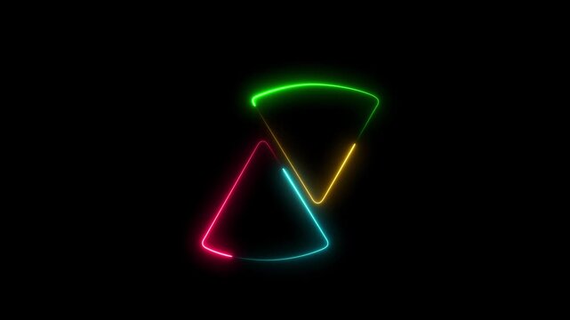 Dynamic abstract form with multi-colored neon outlines cyan yellow green red resembling an hourglass triangle glowing outline shape multi-color triangle glowing outline shape multi-color